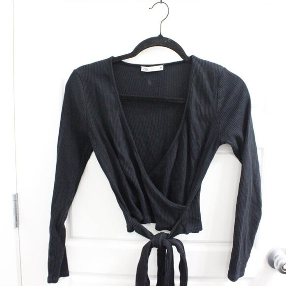 Zara Cropped Surplice Wrap Top Long Sleeve Black Size Medium - Picture 2 of 4